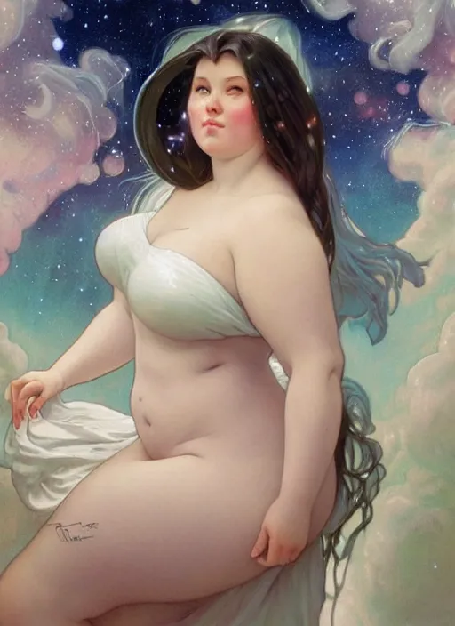 Image similar to a chubby woman with pointed ears, wearing a white sundress, and a swirling sparkling cloud galaxy nebula for hair, realistic painting by ross tran and gerald brom and alphonse mucha, artgerm, trending on artstation