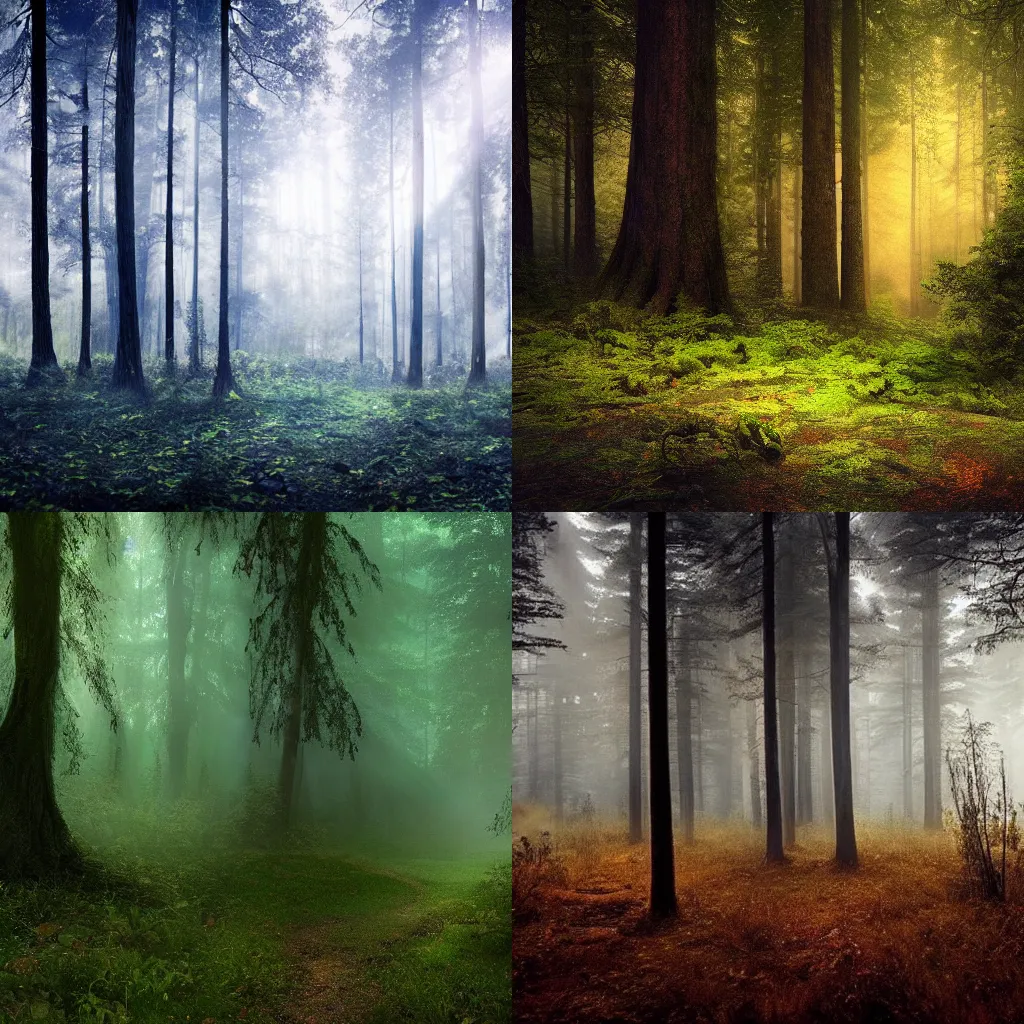 Prompt: distant dense dark enchanted mysterious forest, background