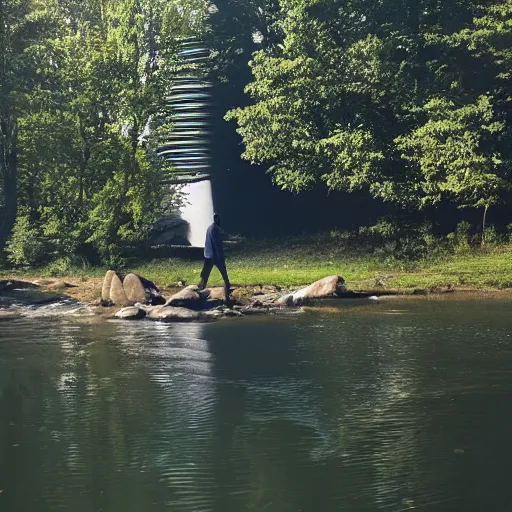 Prompt: man fishing into a river with a sci - fi nuclear containment building in the background, trees, a sense of hope and optimism, harsh sunlight