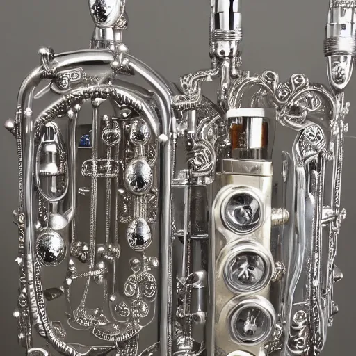 Prompt: highly detailed ornate filigreed convoluted ornamented elaborate chrome medical equipment