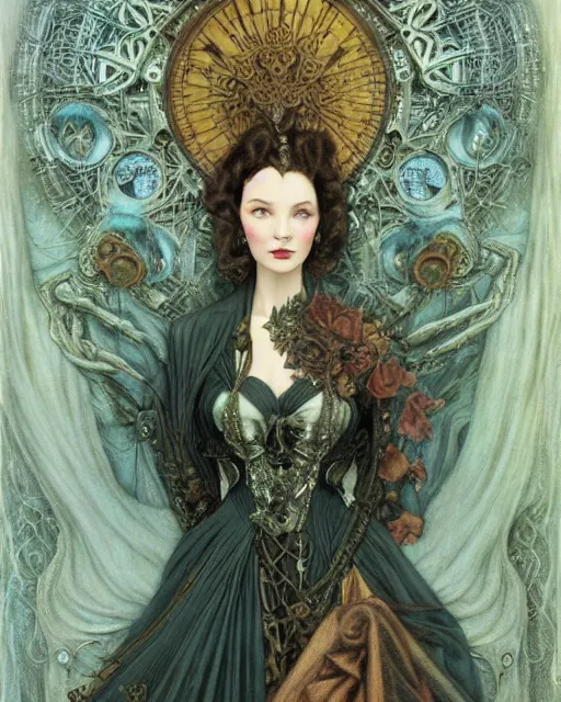 Prompt: matte portrait beautiful vivien leigh, steampunk gown, detailed and intricate by jean delville, gustave dore and marco mazzoni, colorful art nouveau, symbolist, visionary, gothic, pre - raphaelite