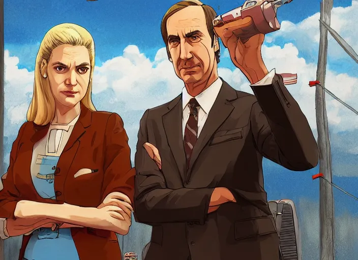 Prompt: kim wexler and saul goodman, ilustration by hayao miyazaki, extremely detailed, artstation, for aaa game, high quality, adobe ilustrator, behance