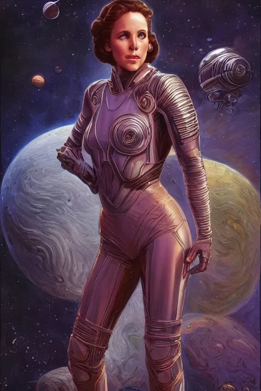 Image similar to young Erin Gray as a ruggedly beautiful retro SCI-FI space heroine 1985 , intricate, elegant, highly detailed, centered, digital painting, artstation, concept art, smooth, sharp focus, illustration, art by artgerm and donato giancola and Joseph Christian Leyendecker, Ross Tran, WLOP