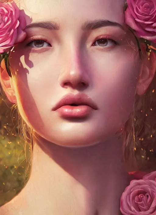 Image similar to stunningly beautiful face, prima ballerina in rose garden, symmetrical face, golden hour, smooth, focus, highly detailed, hyper realistic, dramatic lighting, elegant, intricate, concept art, art by wlop, mars ravelo, greg rutowski, artstation