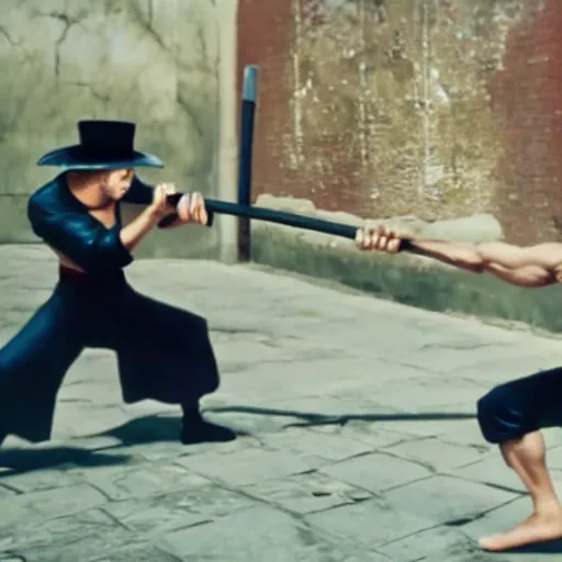 Prompt: real-life zoro vs. mihawk from one piece, a still of a fight film