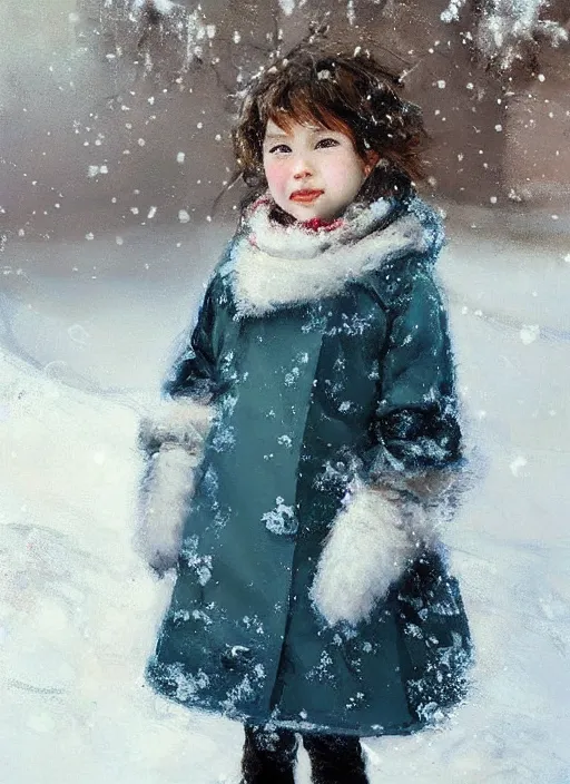 Prompt: a cute little girl with short light brown curly hair and blue eyes standing in the snow wearing winter clothes in jewel tones. beautiful ethereal painting by ruan jia