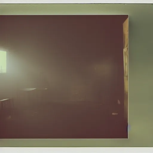 Image similar to you are lost in the backrooms, ghost, polaroid, laminal space, foggy