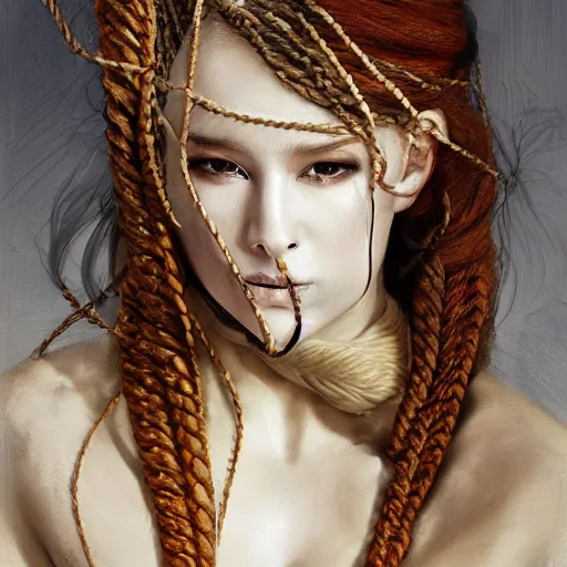 Image similar to portrait of a Shibari rope wrapped face and neck, headshot, insanely nice professional hair style, dramatic hair color, digital painting, of a old 18th century, traveler, amber jewels, baroque, ornate clothing, scifi, realistic, hyperdetailed, chiaroscuro, concept art, art by Franz Hals and Jon Foster and Ayami Kojima and Amano and Karol Bak,