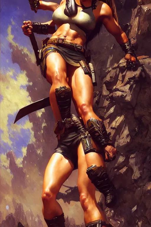 Image similar to muscular oiled sweat lara croft as batgirl, highly detailed painting by gaston bussiere, craig mullins, j. c. leyendecker 8 k