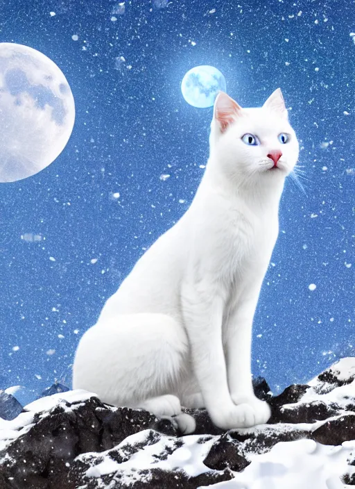 Prompt: giant little white cat on a snowy mountain with lightning coming out of its paws, blue sky background with moon