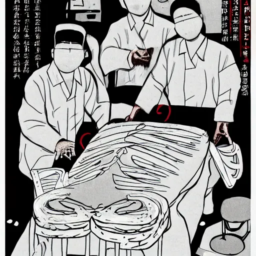 Image similar to chinese surgeons cutting up a body on an operating table, in the style of daniel johnston and outsider art, 8k, line brush, minimal, overlaid with traditional chinese adverts, flat