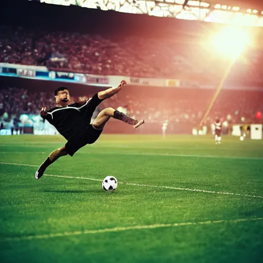 Image similar to ronaldo kicking a cat like a football in a stadium filled with people, taken by a sport's camera, depth of field, sun flare.