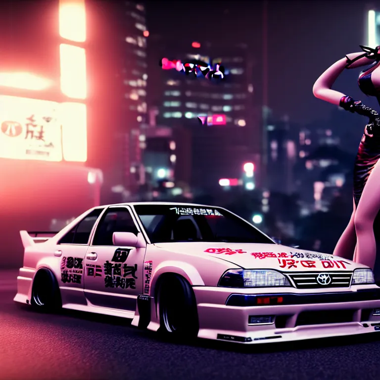 Prompt: toyota jzx 1 0 0 drift, detailed - wheels, shibuya prefecture, cyberpunk female supermodel in front, cinematic lighting, photorealistic, night photography, octane render