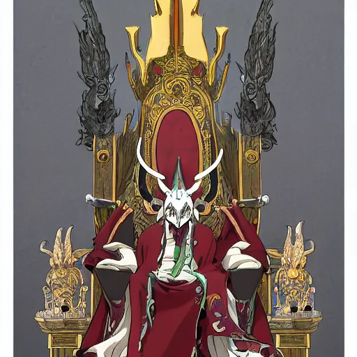 Image similar to concept art painting of a king with ornate robes, a long dragon neck, and horned skull mask, sitting on a throne, anime style, cel shaded, in the style of makoto shinkai and james gurney and studio ghibli and moebius