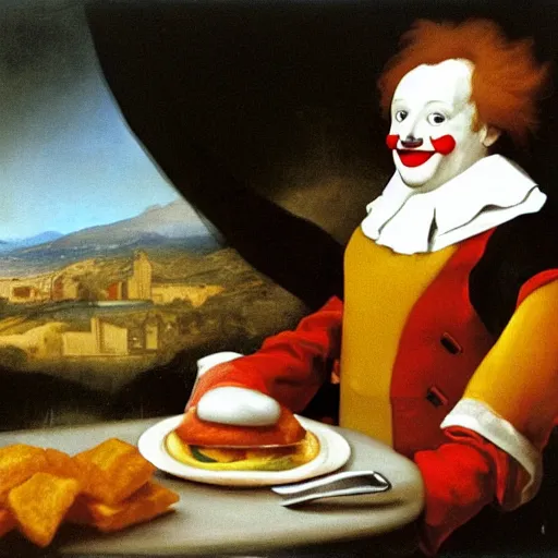 Image similar to ronald mcdonald eating a hamburger, painting by fransisco goya