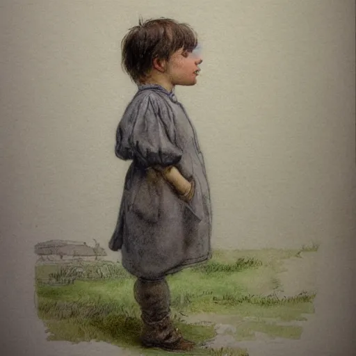 Image similar to portrait of a child standing and facing front looking strait ahead a muted color watercolor sketch of story book character ifrom the book Baltimore & Redingote by Jean-Baptiste Monge of an old man in the style of by Jean-Baptiste Monge that looks like its by Jean-Baptiste Monge and refencing Jean-Baptiste Monge