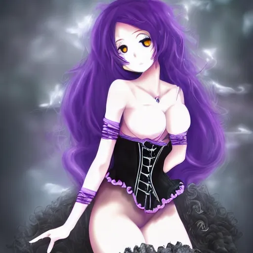 Image similar to a beautiful anime woman with long black hair, wearing a black corset top and a purple tutu, digital art, fantasy art