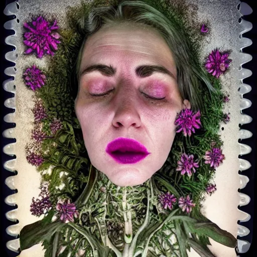 Image similar to a beautiful detailed front view portrait of a rotten woman corpse with fractal plants and fractal flowers growing around, volumetric light, beautiful lit, polaroid photography