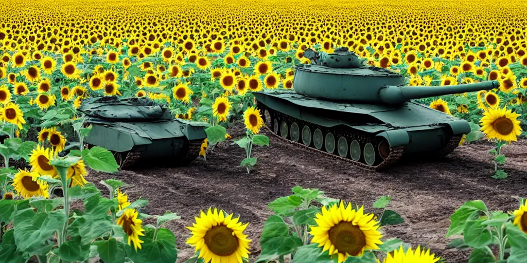 Prompt: russian tank burning in the middle of sunflower field, blue sky