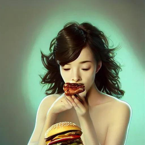 Image similar to an attractive serene cute android eating a hamburger, luscious sesame seed buns with extra ketchup pickles and onions, partially human , partially biomedical design , natural atmosphere, great high details, highly reaslitic, cinematic lighting, intricate, elegant, super highly detailed, art station, concept arD, beautiful, delicate, art by artgerm and greg rutkowski and alphonse mucha and loish and WLOP