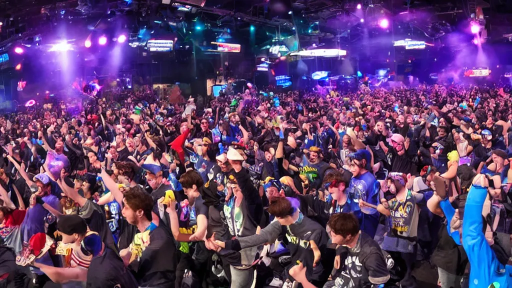Prompt: Players celebrating on stage at a video game tournament with professional staging and truss lighting, projector screens showcasing gameplay Super Smash Brothers Ultimate, moment of victory as the crowd cheers and confetti flies through the air
