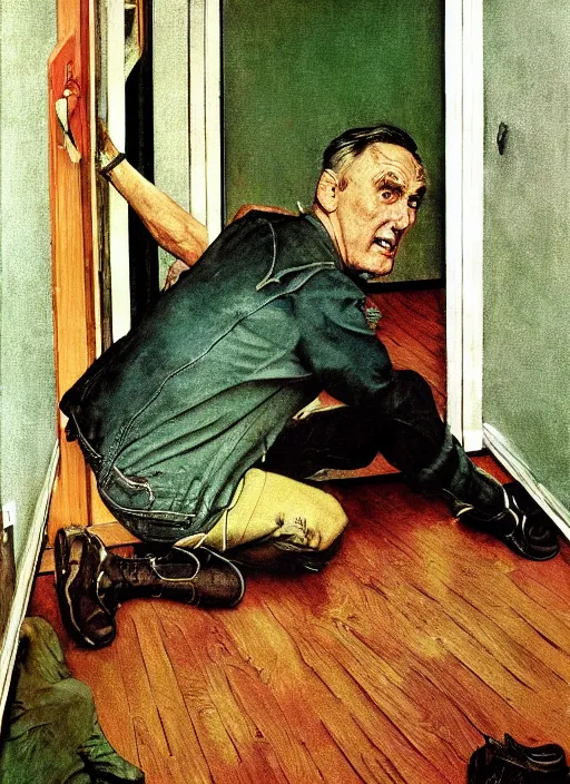 Prompt: dennis hopper crawling around on the floor of a dingy apartment, painted by norman rockwell and tom lovell and frank schoonover, green, dystopian