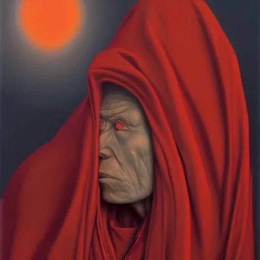 Prompt: the hooded red monk, side profile, trending on artstation, 8 k, by gerard brom and zdzisław beksinski