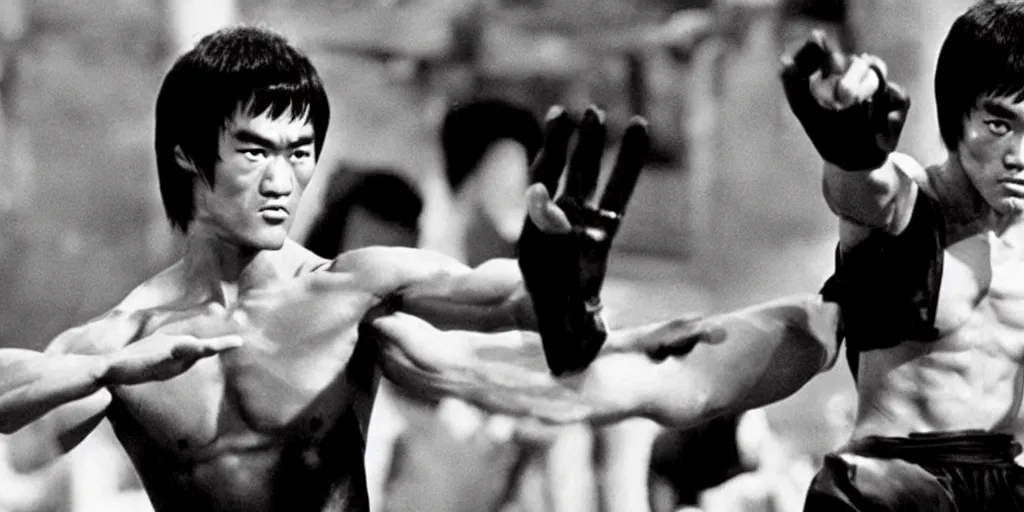 Prompt: bruce lee as hard fighting woman with gorgeous lang black hair