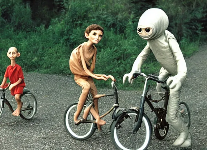 Prompt: the movie et except the alien is mr bean bicycle scene