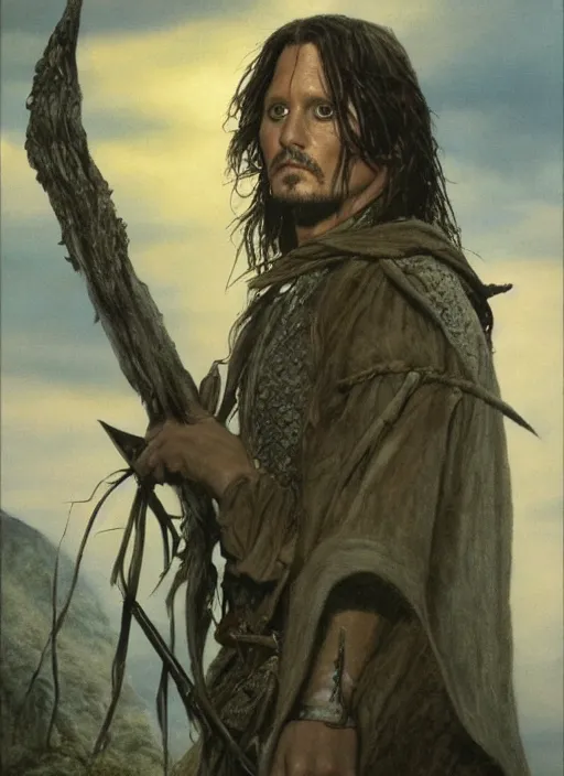 Image similar to johnny depp as aragorn, character painting by alan lee and john howe, at sunset, concept art, matte painting