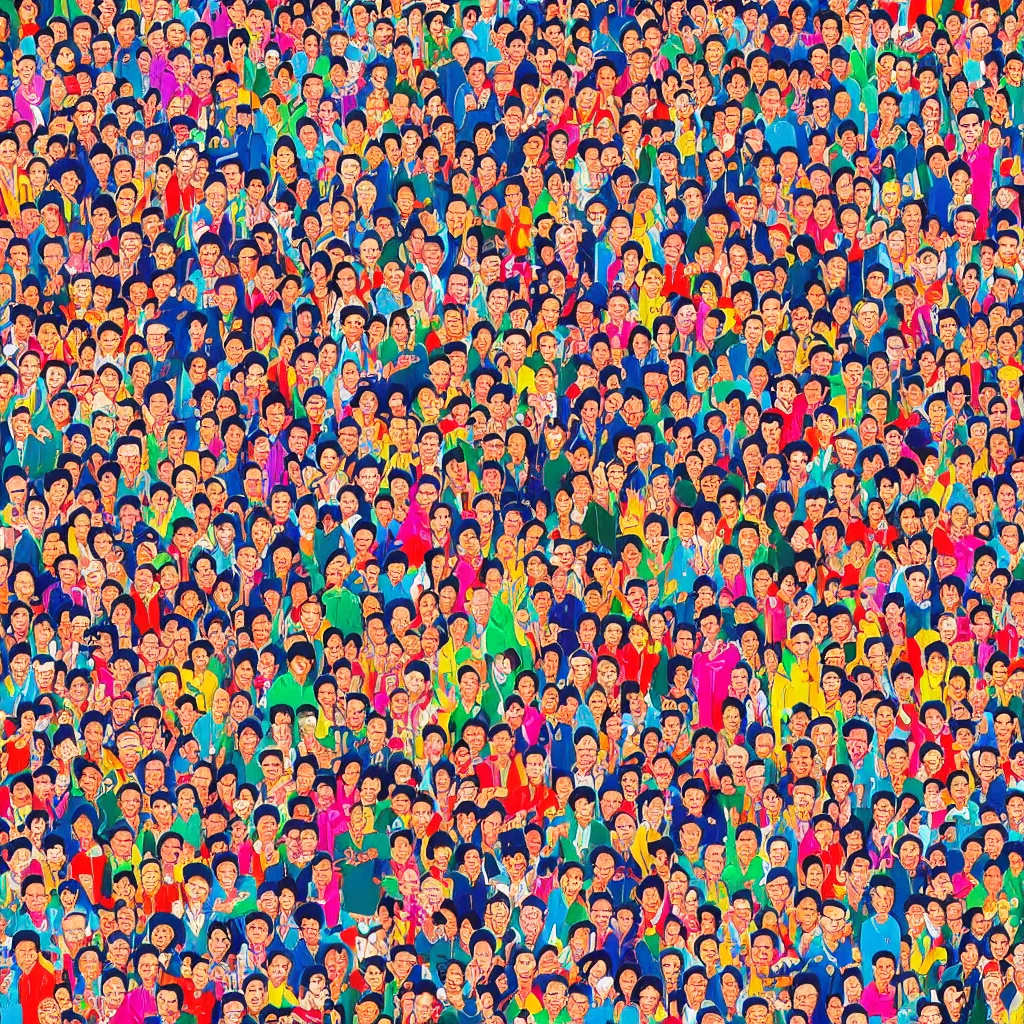 Image similar to a Where's Wally of a chinese prison by lisa frank, beautiful, bold colors, detailed, high resolution, realistic, intricate