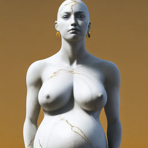 Image similar to a statue made of white marble with gold veins, of an beautiful pregnant woman, perfect symmetrical body, perfect symmetrical face, closed eyes, hyper realistic, hyper detailed, fujicolor superia, bokeh background, full body shot, by peter kemp, by monia merlo octane render, blender, 8 k