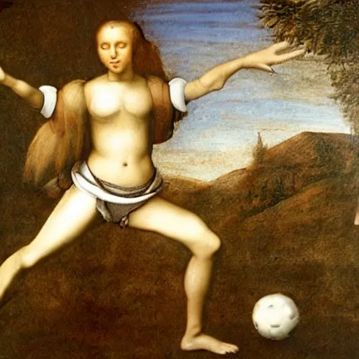 Image similar to Olivia Newton-John playing football by Leonardo da Vinci