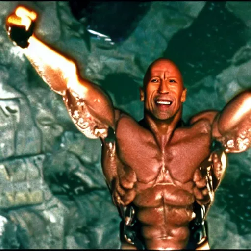 Prompt: film still of a cyborg dwayne johnson giving a thumbs - up while going inside a molten metal pool in terminator 2 1 9 9 1, epic, volumetric lighting, hd, 8 k