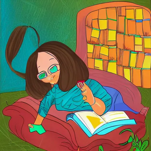 Prompt: a girl reading a book, digital art, children's book style, colourful, illustration