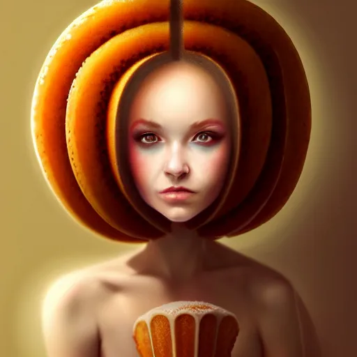 Image similar to portrait of a bundt cake wearing a dress, digital art, cinematic, concept art, 8k, painting, imaginefx, cgsociety, trending on artstation