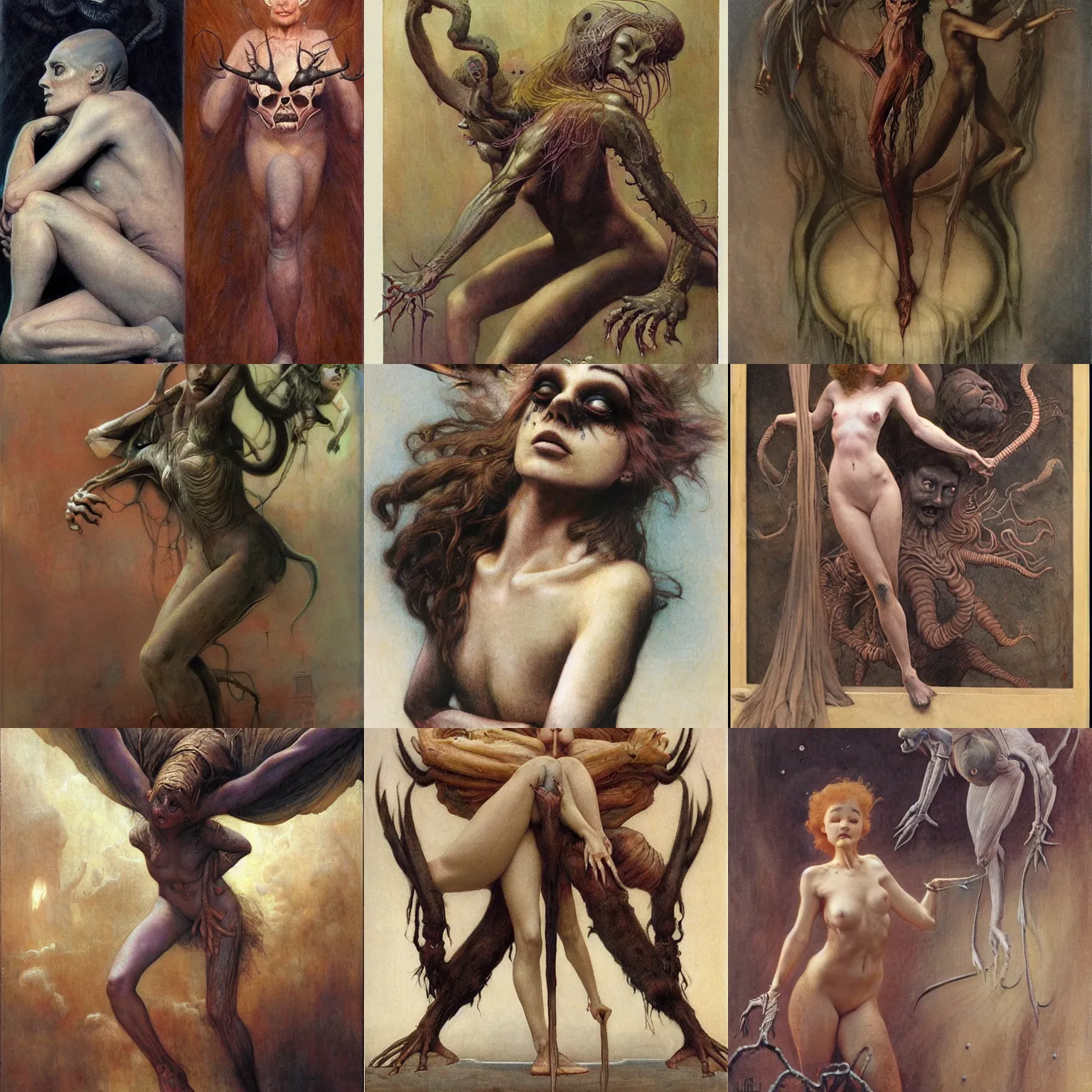 Prompt: a creature that is half human girl and half spider, by wayne barlowe, by gustav moreau, by goward, by gaston bussiere, by roberto ferri, by santiago caruso, by luis ricardo falero, by austin osman spare, by saturno butto
