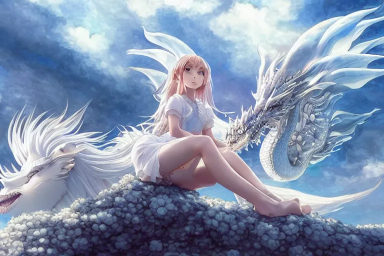 Image similar to the beautiful hyper detailed big scene render that a beautiful girl sitting on the back of a huge silver white dragon alone in fairyland surrounded by white clouds, finely detailed angelic face delicate features, style of studio ghibli, makoto shinkai, artgerm, karol bak, kazuki tanahashi, james jean, ross tran, xision, ultra wide angle