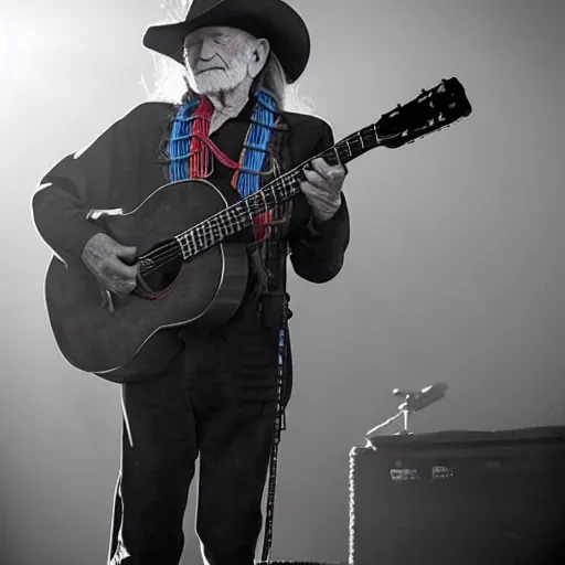 Image similar to willie nelson on stage, four fingers holdingguitar. god rays through fog.