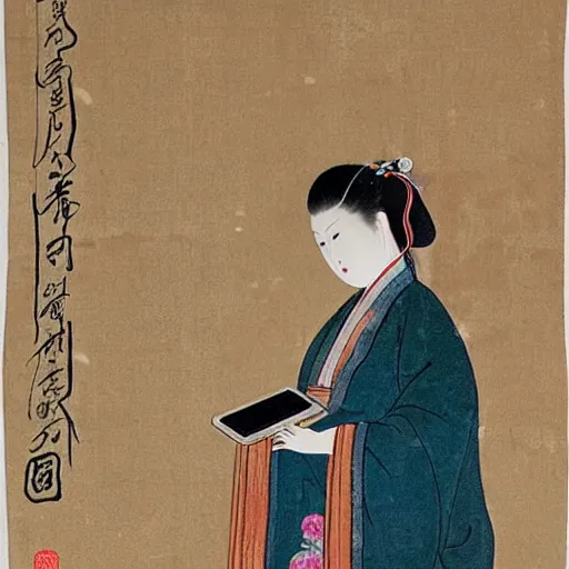 Prompt: oriental water painting of a lady using an iphone during the song dynasty