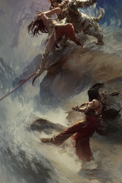 Prompt: An epic fight moment between a spirit slayer with female skilled samourai in style of by gaston bussiere, and craig mullins and greg rutkowski and alphonse mucha, awesomenes , concept art world,