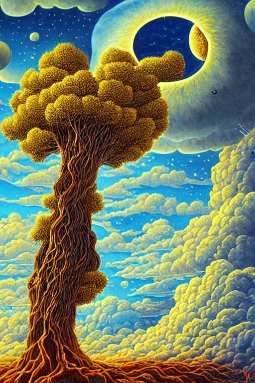 Prompt: from tree roots to the moons, beautiful intricate oil painting, mountains, beautiful nebula in the sky by jacek yerka, beautiful nebula in the sky by jacek yerka