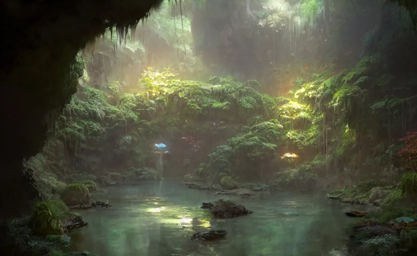 Prompt: painting of an interior of a hidden japanese hotspring in a small cave, fantasy, lush plants and flowers, natural light, concept art, by greg rutkowski and craig mullins, cozy atmospheric and cinematic lighting, trending on artstation