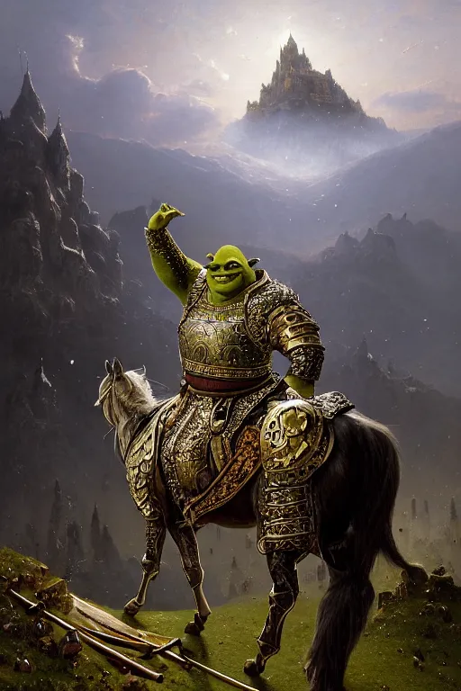 Image similar to full length portrait of shrek wearing ornate silver armour with gold accents covered in jewels, epic landscape with mountains and castle in background, dark and moody by carl spitzweg, ismail inceoglu, vdragan bibin, hans thoma, greg rutkowski, alexandros pyromallis, perfect face, fine details, realistic shaded