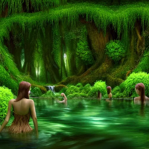 Image similar to beautiful digital fantasy illustration of A woody green field with a stream running through it, with a group of dryad women standing in the water. They seem to be preparing to submerge themselves in the cool, clear waters of the stream. cgsociety, fantasy art, highly detailed, soft lighting, rendered in octane, masterpiece, very very very aesthetic