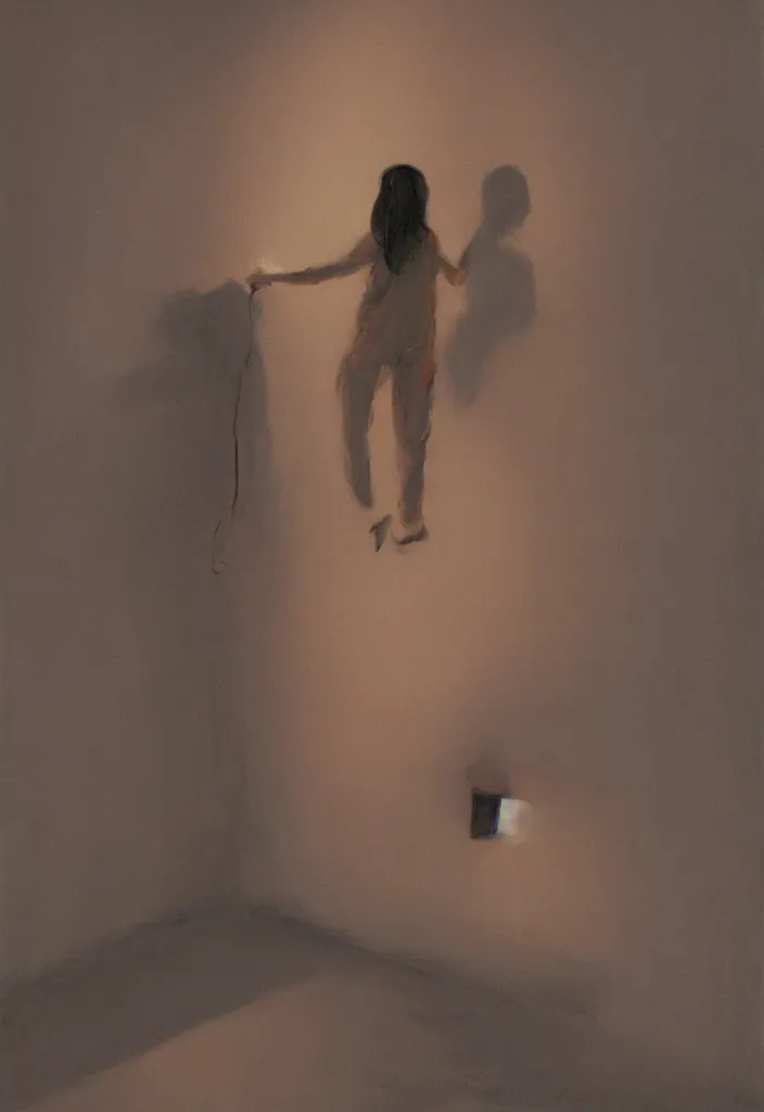 Prompt: gorgeous famous asian actress girl dropping the shadow of her desires on the wall of empty house with a light from a window creating dreams, style of James Jean, Edward Hopper, Francis Bacon, colors of Mark Rothko, Frank Auerbach, trending on artstation, Greg Rutkowski, dark atmosphere