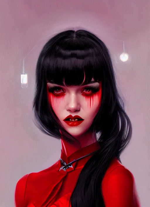 Image similar to portrait of vampire veronica lodge with bangs, vampire fangs, vampire, long hair, red clothes, bangs, vampironica, intricate, elegant, glowing lights, highly detailed, digital painting, artstation, concept art, smooth, sharp focus, illustration, art by wlop, mars ravelo and greg rutkowski