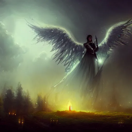 Image similar to great funeral for a fallen lord knight, many small trees and bushes in fire on background, night scene, angel flying down from sky, victorian town far away, high details, high quality, cinematic, fantasy, trending on artstation