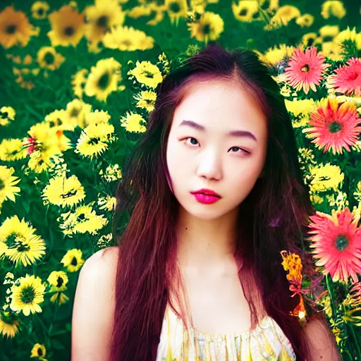 Prompt: a portrait of a young asiatic lady, perfect face, hot summertime hippie, fancy dress , flowers background , sunny day, perfecly detailed, realistic portrait, perfect design, natural light