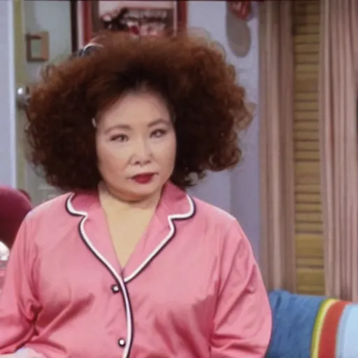 Prompt: A still from a 1980s sitcom of a plump middle-aged Chinese woman with perm coils in her hair wearing pyjamas